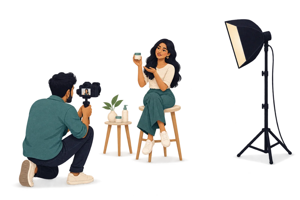 Illustration of a model presenting a product while a videographer and lighting crew film