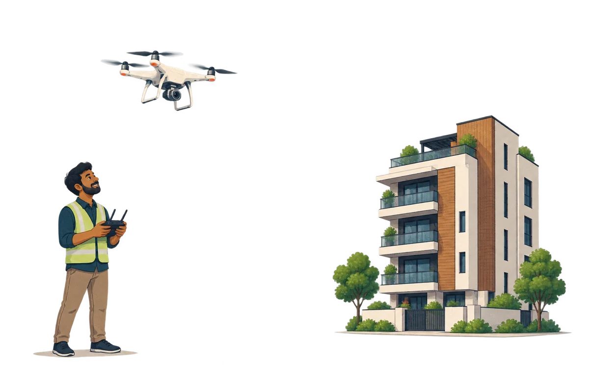 Illustration of a drone operator capturing aerial views of a residential building